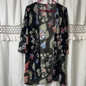 Black Floral Sheer Open-Front Kimono Sleeve Top
